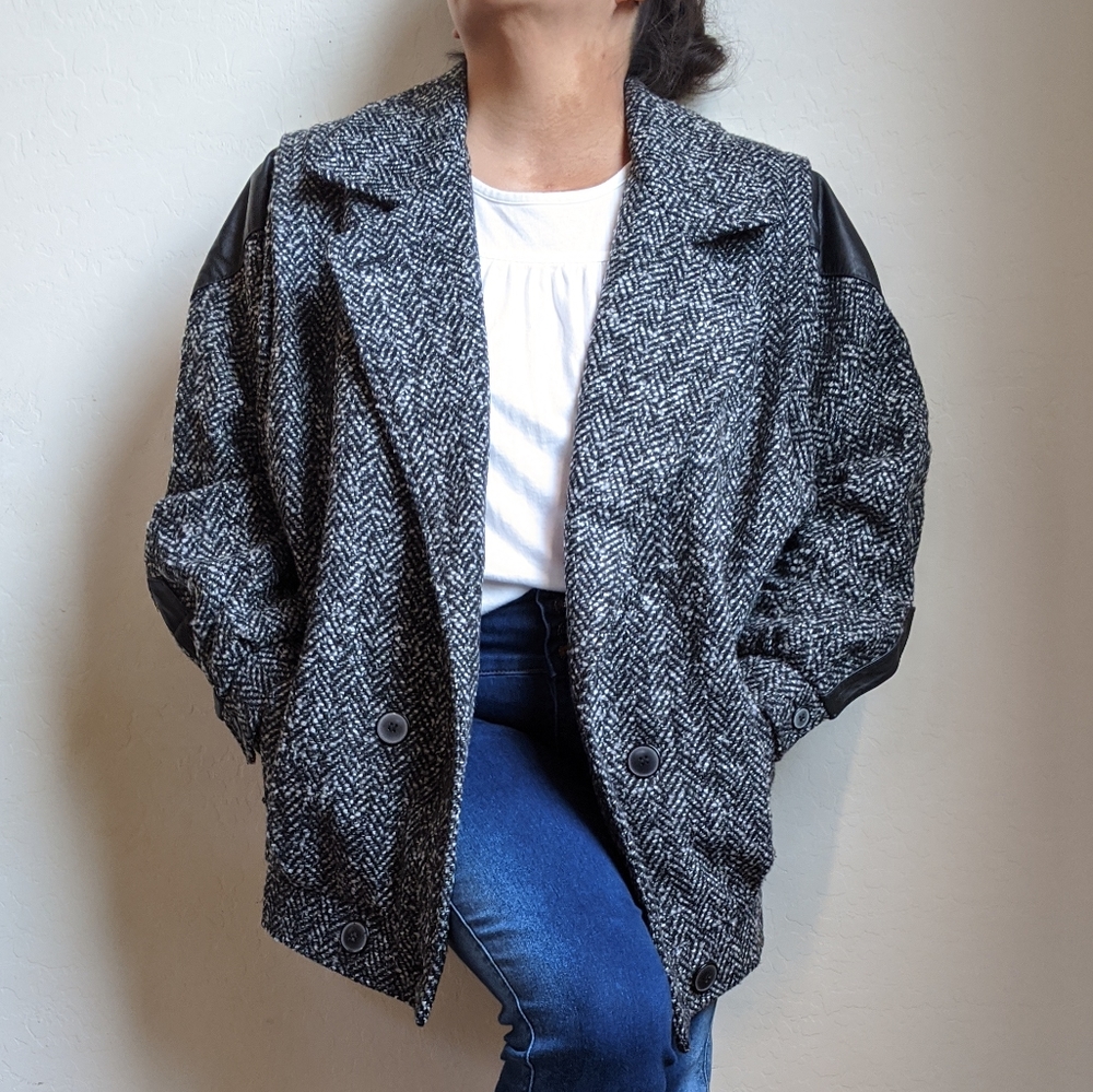 Vintage Tweed Wool Coat With Black Leather Accents